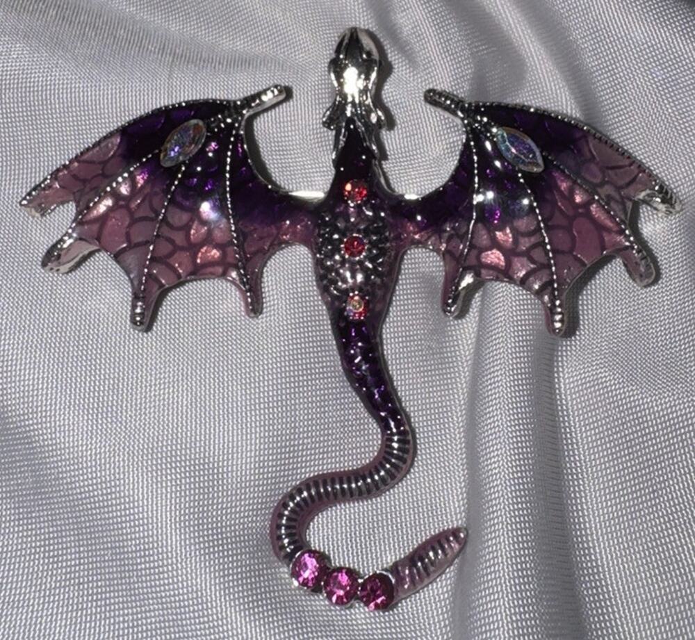 Large Purple Dragon Brooch Rhinestone Enamel Silver Tone Fantasy pendant Pin